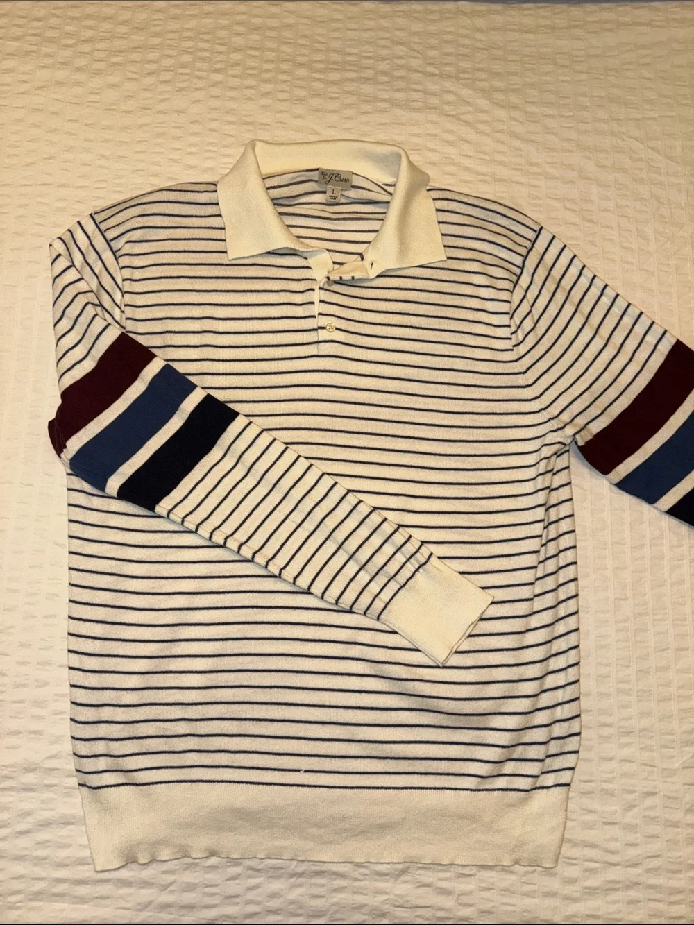Men’s J.Crew L Striped Long-Sleeve Polo in White with Navy and Burgundy Accents